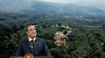 Retrato pictórico de Alejandro Giammattei en primer plano sobre un paisaje amplio con montañas, bosques densos y edificios dispersos, todo en estilo óleo.
