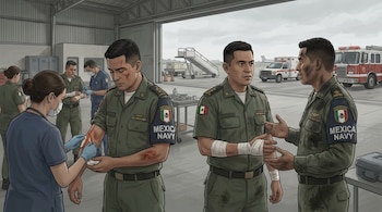 Marinos de la Armada de México heridos reciben atención médica de personal sanitario en un hangar, con ambulancia y camión de bomberos en el exterior.
