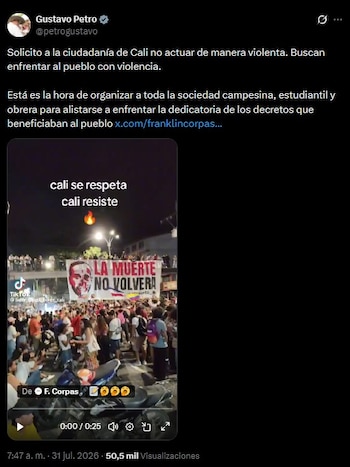Gustavo Petro pidió a la ciudadanía de Cali evitar la violencia durante las movilizaciones del 7 de agosto y llamó a la organización pacífica de distintos sectores sociales - crédito Gustavo Petro/X
