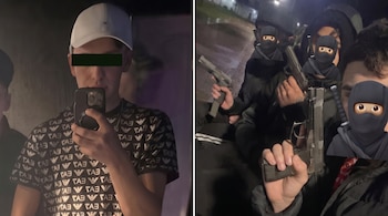Composición dividida en dos partes con un joven tomándose una foto a la izquierda y personas con pistolas a la derecha.