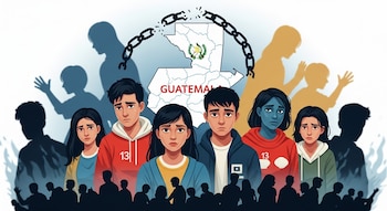 Ilustración de cinco jóvenes, tres niñas y dos niños, con expresiones de tristeza, un mapa de Guatemala con cadenas rotas y siluetas difusas de personas.
