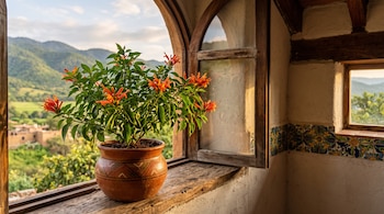Maceta de barro con flores naranjas en el alféizar de una ventana arqueada de madera frente a montañas.