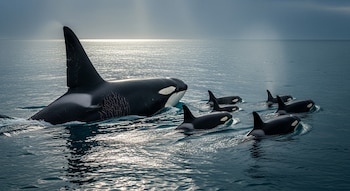 Una orca grande con aleta dorsal prominente y marcas blancas y negras, nadando en aguas oceánicas frías, seguida por otras cinco orcas más pequeñas.
