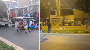 Dos escenas: a la izquierda, paramédicos con camillas y una ambulancia; a la derecha, la calle de noche con cinta amarilla policial y un cuerpo en el suelo