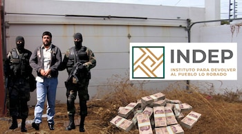 Imagen compuesta de la fachada de una casa, "El Mochomo" esposado entre dos figuras encapuchadas armadas, el logo del INDEP y fajos de billetes mexicanos.