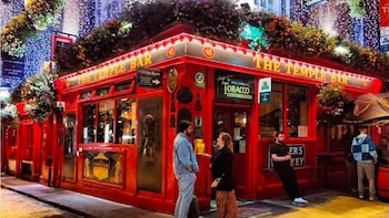 Fachada roja de un pub iluminado con letreros de The Temple Bar, luces festivas, plantas colgantes y personas en la acera
