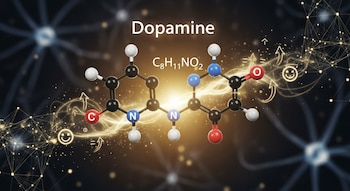 Imagen que muestra una representación 3D de la molécula de dopamina con su fórmula química (C8H11NO2), rodeada de ilustraciones de redes neuronales y gráficos que simbolizan el bienestar emocional.