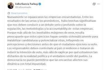 En su publicación, García planteó que las encuestas pudieron influir en la percepción de los electores al favorecer o afectar determinadas candidaturas durante el desarrollo de la campaña presidencial - crédito @Lidiosenado/X