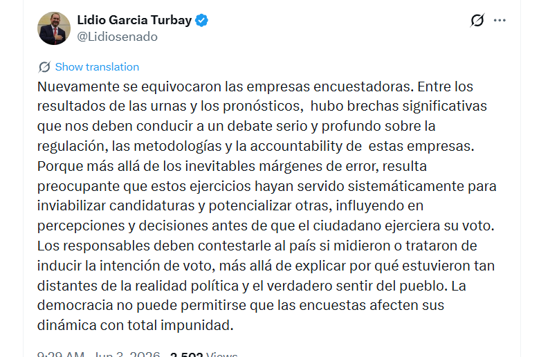 En su publicación, García planteó que las encuestas pudieron influir en la percepción de los electores al favorecer o afectar determinadas candidaturas durante el desarrollo de la campaña presidencial - crédito @Lidiosenado/X