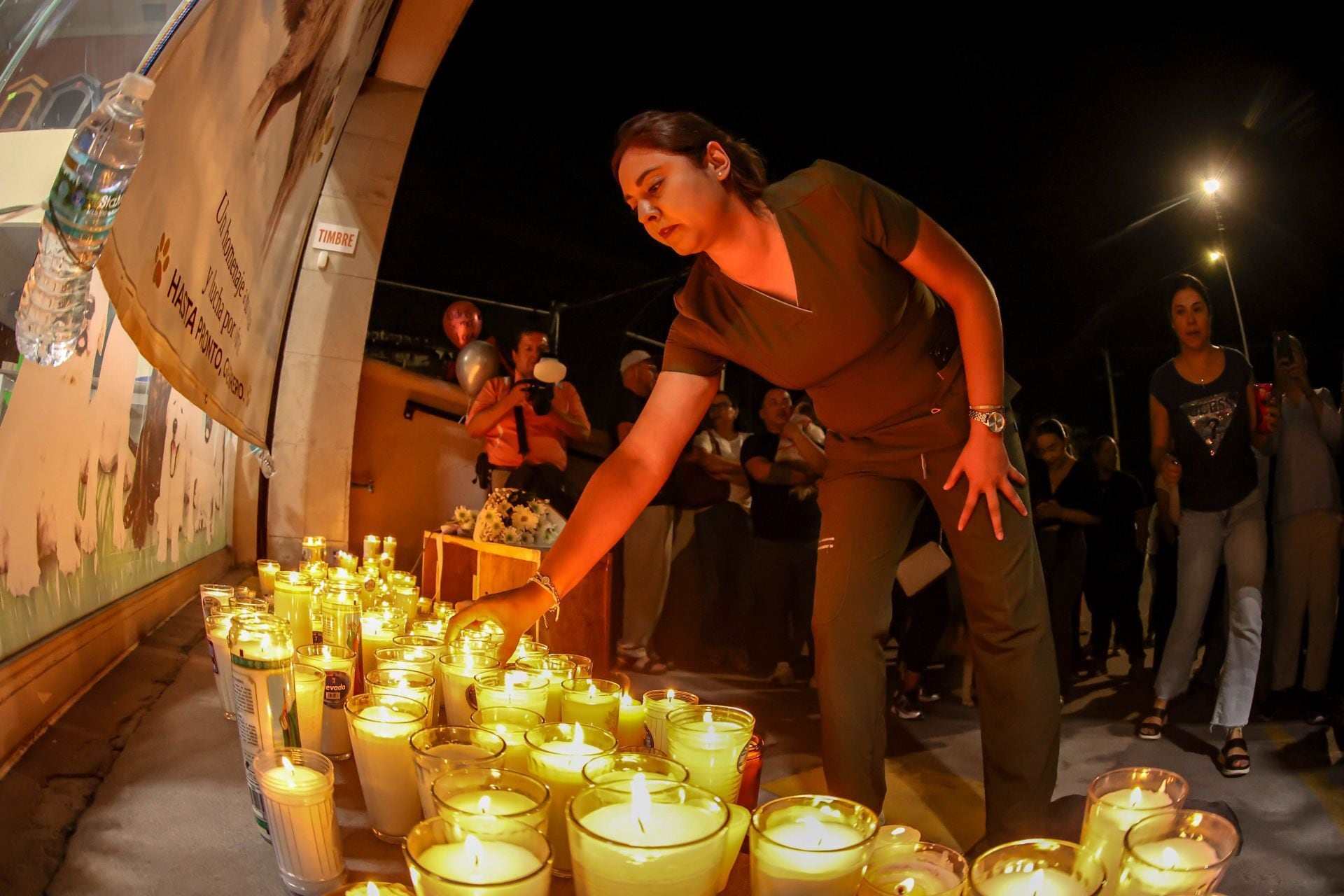 SALTILLO, COAHUILA, 22JULIO2026.- Personas instalaron un altar en honor al perro Rocky, quien murió tras ser arrastrado por varias calles, atado a una camioneta. Veterinarios lo atendieron durante tres días, pero no pudieron salvarle la vida. La responsable se encuentra detenida y los asistentes exigieron que las autoridades castiguen el caso conforme a la ley. El altar fue colocado en la clínica veterinaria que lo atendió de manera gratuita. FOTO: ALEJANDRO RODRÍGUEZ/CUARTOSCURO.COM