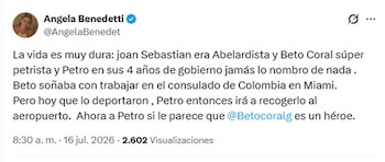 Benedetti se refirió al anunció la mañana del jueves 16 de julio de 2026 vía X - crédito @AngelaBenedet/X