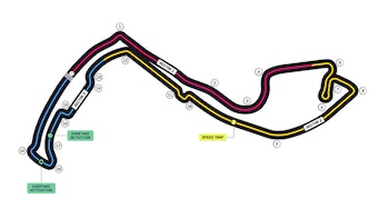 Mapa del circuito de Mónaco con secciones de pista en rosa, amarillo y azul. Incluye 19 curvas, línea de meta, trampa de velocidad y zonas de adelantamiento