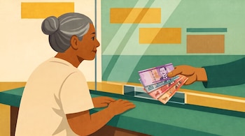 Ilustración de una mujer frente a una ventanilla de vidrio, donde una persona le entrega varios billetes de diferentes colores.