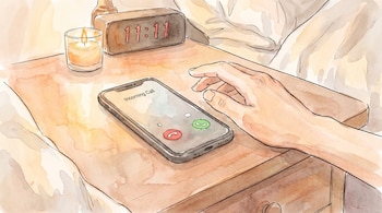 Ilustración acuarela: mano alcanza un smartphone con llamada entrante. Despertador digital marca 11:11. Una vela encendida en mesita de noche.