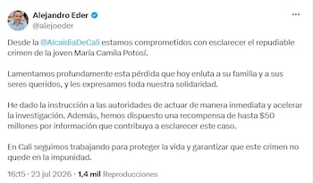 El alcalde, Alejandro Eder, anunció una recompensa de $50 millones de pesos por información que permita esclarecer el homicidio de María Camila Potosí - crédito @alejoeder/X
