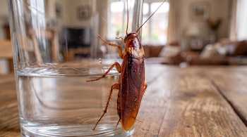 Una cucaracha americana de color marrón rojizo con patas espinosas y antenas largas se sujeta a un vaso transparente medio lleno de agua sobre una mesa de madera.