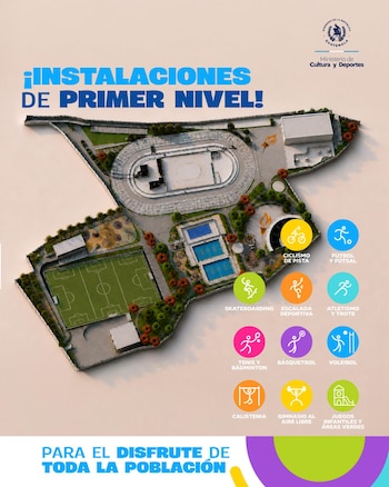 Render aéreo de un centro deportivo con canchas, pista y áreas verdes, junto con diez íconos de colores que representan deportes