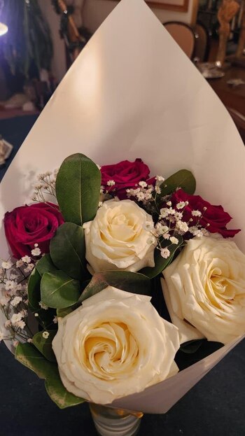 Ramo de rosas blancas y rojas envuelto en papel blanco con pequeñas flores blancas y hojas verdes