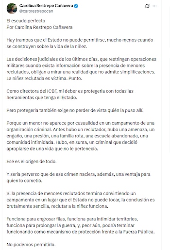 La directora del Icbf, Carolina Restrepo Cañavera, aseguró que el Estado tiene el deber de proteger a la niñez y de combatir a los criminales - crédito @carorestrepocan/X