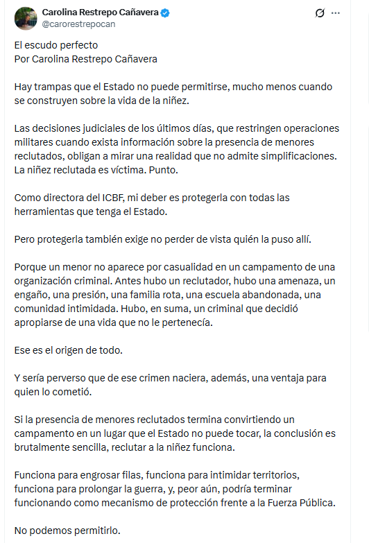 La directora del Icbf, Carolina Restrepo Cañavera, aseguró que el Estado tiene el deber de proteger a la niñez y de combatir a los criminales - crédito @carorestrepocan/X