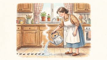 Ilustración de una mujer en un delantal que vierte agua caliente con jabón desde una tetera sobre hormigas en el suelo de una cocina.