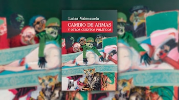 Portada del libro Cambio de armas y otros cuentos políticos de Luisa Valenzuela colocada sobre un fondo extendido y desenfocado.