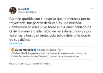 Matías Defederico cuestionó a Carmen