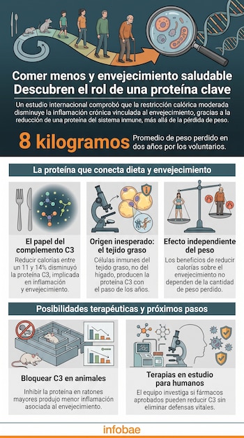 Infografía con ilustraciones sobre envejecimiento, ratones de laboratorio, un microscopio, células, una balanza y el logotipo de Infobae.