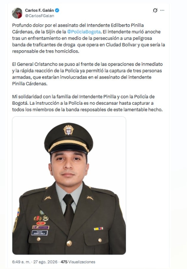 Galán compartió su mensaje de solidaridad con la familia del intendente Pinilla la mañana del jueves 27 de agosto de 2026 - crédito @CarlosFGalan/X