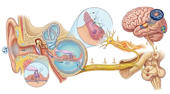 Ilustración científica del sistema auditivo humano: oído, cóclea, nervios y cerebro. Destaca células ciliadas y la conversión de sonido a impulsos eléctricos