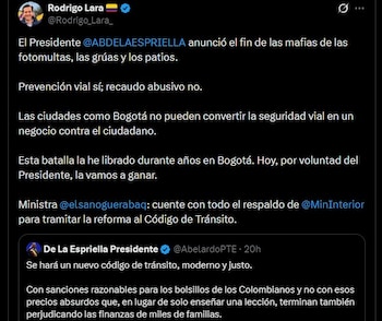 El ministro Rodrigo Lara confrontó a la Alcaldía de Bogotá por el uso de las fotomultas - crédito @Rodrigo_Lara_ / X