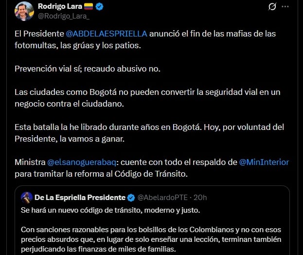 El ministro Rodrigo Lara confrontó a la Alcaldía de Bogotá por el uso de las fotomultas - crédito @Rodrigo_Lara_ / X