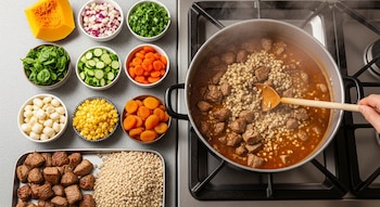 Vista aérea de una carbonada con carne y cebada cocinándose en una olla. Alrededor, tazones con zapallo, cebolla, pepino, zanahoria, albahaca, choclo, orejones y carne dorada.