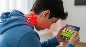 Un joven de perfil con sudadera azul mira su teléfono móvil, que muestra un partido de fútbol. Un gráfico rojo resalta su cuello, indicando dolor.