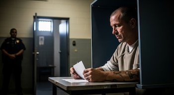 Hombre de mediana edad con uniforme de prisión y tatuajes en el brazo izquierdo votando en una cabina electoral temporal, con un guardia al fondo.