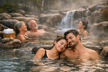 Grupo de personas relajándose en aguas termales al aire libre. Una pareja joven se abraza en primer plano, mientras otros disfrutan del agua y el vapor con una cascada de fondo.
