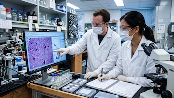 Un hombre y una mujer con bata de laboratorio y mascarilla examinan un monitor con muestras microscópicas y toman notas en un cuaderno