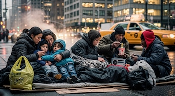 Grupo de adultos y niños sentados en el suelo sobre mantas y cartones en una calle de Nueva York. Un hombre come fideos. Un taxi amarillo en el fondo.