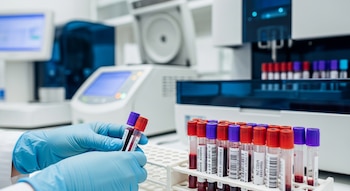 Primer plano de manos con guantes azules que sostienen dos tubos de ensayo con sangre. Un estante con múltiples tubos y equipo de laboratorio al fondo.
