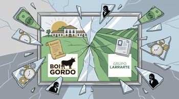 Espejo roto con reflejos de una fazenda y logo Boi Gordo a la izquierda, campos verdes y logo Grupo Larrarte a la derecha; billetes, relojes y siluetas de inversores.