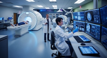 Un paciente yace dentro de una máquina de resonancia magnética, mientras dos médicos interactúan con múltiples pantallas que muestran imágenes y datos médicos en un moderno laboratorio clínico.