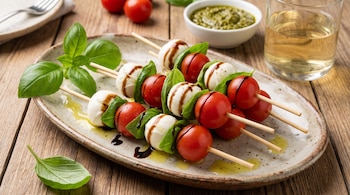 Seis espetinhos com bolinhas de mussarela, folhas de manjericão e tomate cereja, banhados em azeite e balsâmico, em um prato, com copo e pesto ao fundo.