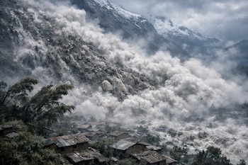 Vista aérea de una enorme avalancha de lodo y escombros blancos descendiendo por una montaña nevada hacia un pueblo de casas con techos de zinc en un valle verde.