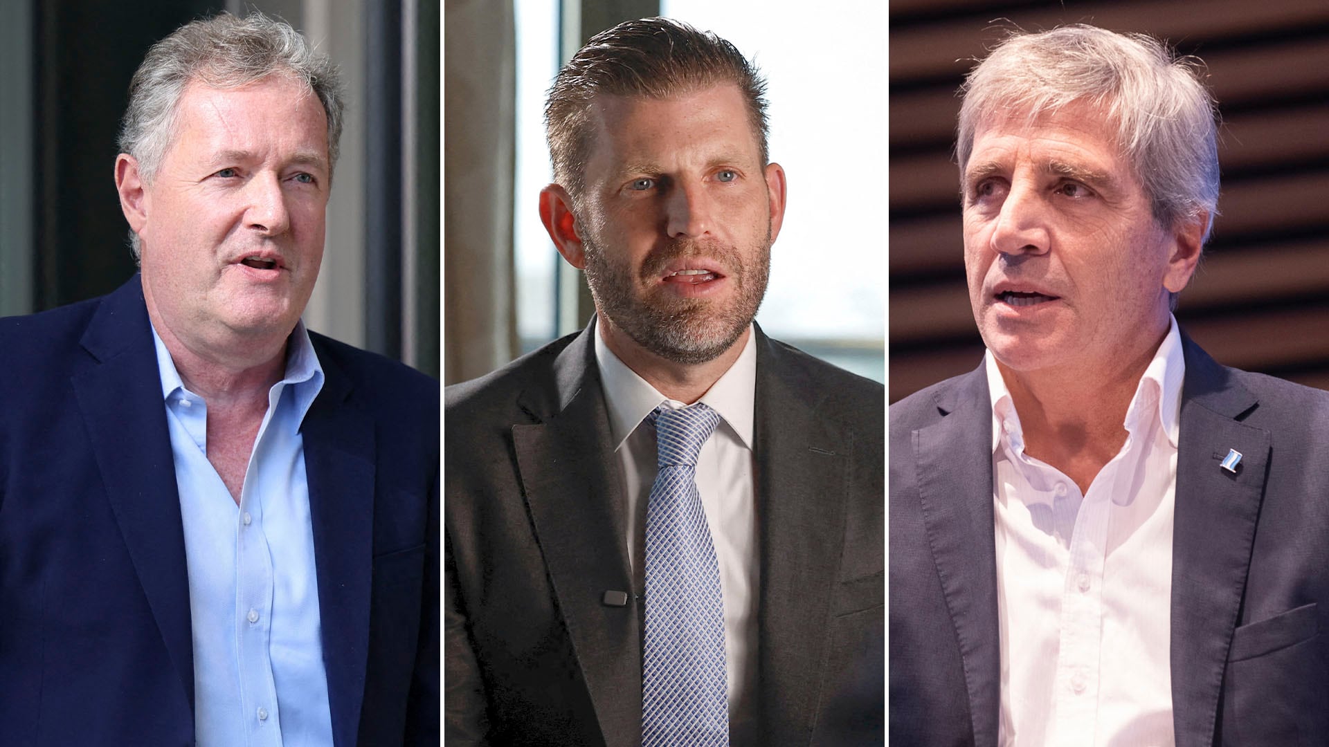 Piers Morgan, Eric Trump y Luis Caputo son retratados en una composición que destaca sus roles influyentes en los medios y la política global.
