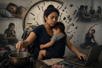 Una mujer carga a un niño dormido mientras cocina en una olla y teclea en una computadora portátil, frente a un reloj de pared agrietado.