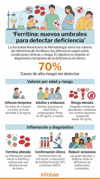 Infografía con ilustraciones de adultos, una embarazada, un niño, glóbulos rojos, microscopio y tubos de ensayo sobre fondo claro.