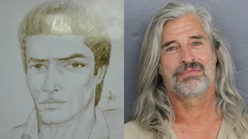 Imagen dividida. A la izquierda, un boceto a lápiz del rostro de un hombre joven. A la derecha, una fotografía policial de un hombre con cabello largo y barba grises