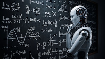 Un robot blanco de perfil con la mano en el mentón ante una pizarra con ecuaciones y gráficos matemáticos en tiza blanca