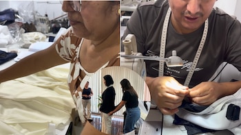 Collage de tres imágenes. Arriba izquierda, mujer cosiendo tela. Arriba derecha, hombre cosiendo tela en máquina. Abajo centro, dos mujeres prueban un pantalón a otra