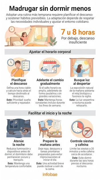 Infografía con texto e ilustraciones explicativas sobre el descanso diario, organizada en recuadros informativos con el logotipo de Infobae.